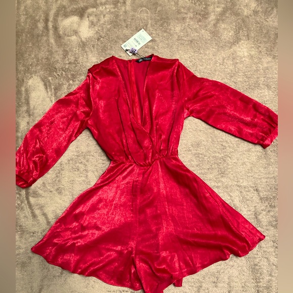 NWT - ZARA❤️red long balloon sleeves v neck tie dress romper - size XS - Picture 2 of 12